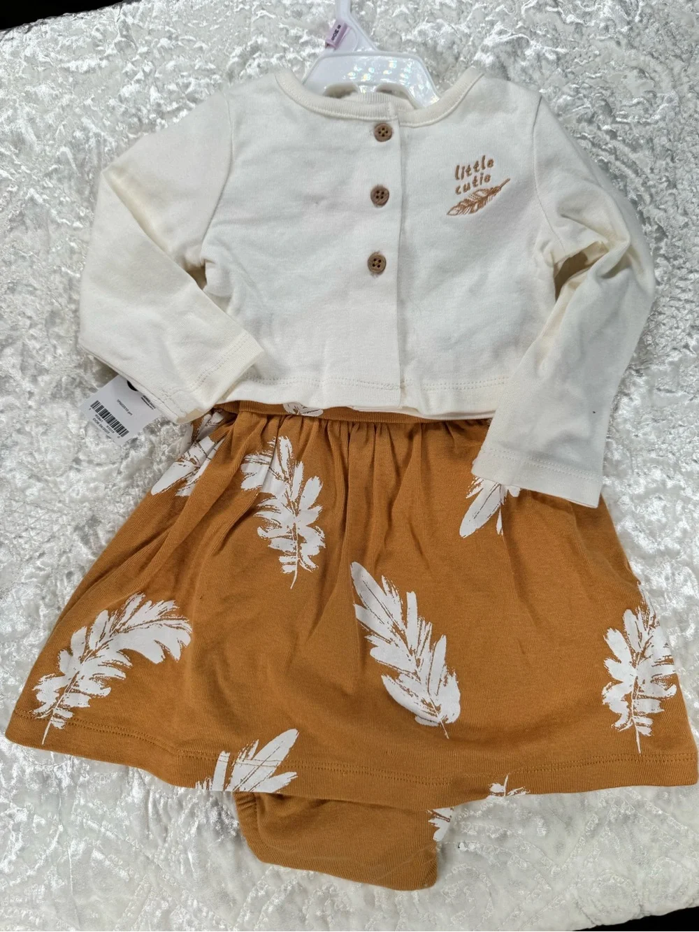 NWT Carters Cream & Mustard Feather Dress Set - 